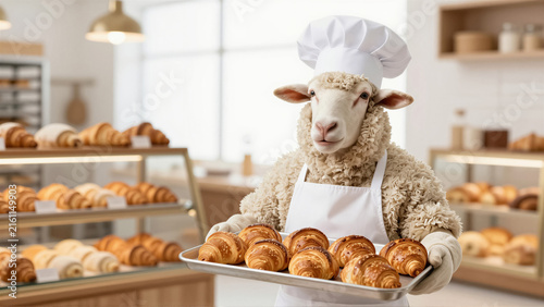 An anthropomorphic sheep baker wearing a white hat holds a tray of fresh croissant in a bakery. This cute animal chef presents pastry in a modern kitchen