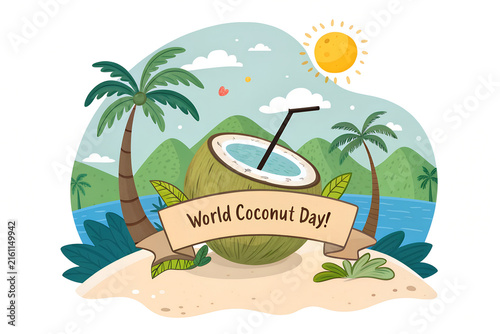 World coconut day greeting card illustration featuring tropical island scenery and open coconut beverage