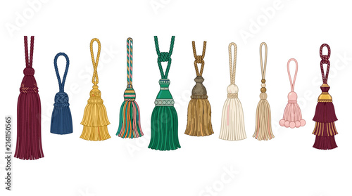 Elegant Curtain Tassel Tieback Vector Icon Set Featuring Decorative Window Drapery Holdbacks Trim and Cord Fringes for Interior Decor Designs