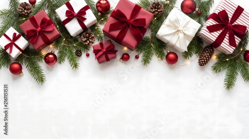 Christmas flat lay with gift boxes and pine branches on white wooden background