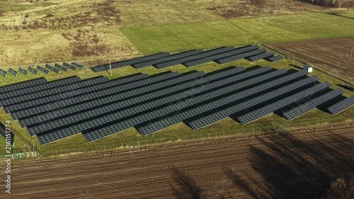 Aerial View of Solar Panel Field Producing Clean Renewable Electricity