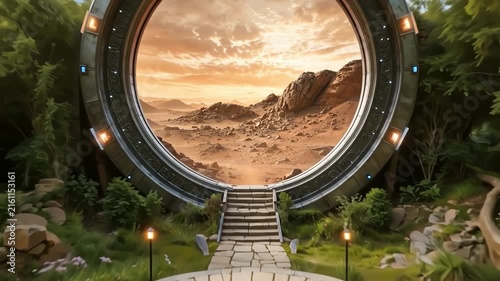 Sci-fi portal in a lush garden opening onto a Mars-like desert landscape — flythrough transition