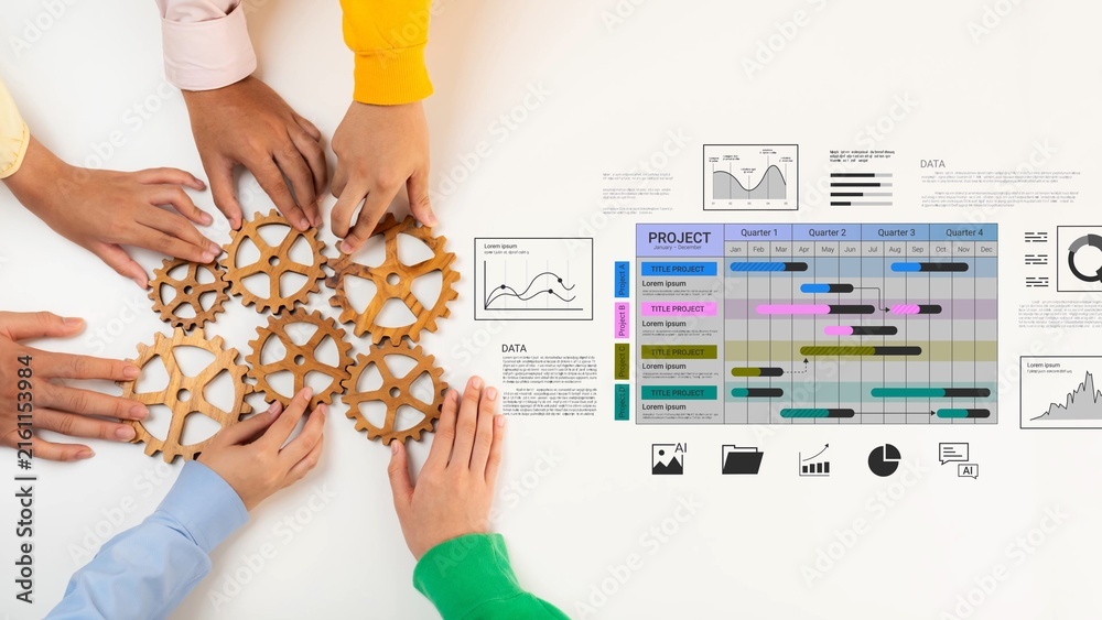Obraz premium Hands Collaborating on Project Planning with Gears and Data Charts Representing Teamwork, Strategy, and Project Management Tools Gluon.