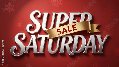 Elegant Super Saturday Sale banner with silver chrome typography and gold ribbon. Red background with snowflake pattern highlights this winter retail discount