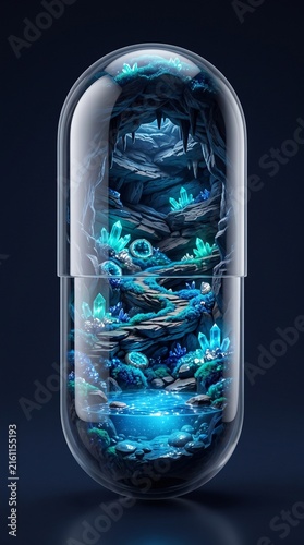 fantasy cave with glowing crystals encapsulated inside a transparent capsule, mystical blue light