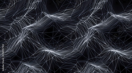 abstract dark mode wireframe grid pattern featuring undulating 3D geometric terrain formed by intricate white lines against a black background. The futuristic digital landscape creates a high-contrast