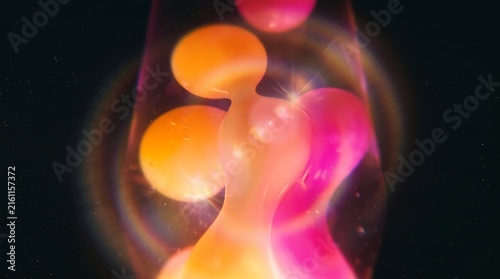 Close-up shot of a vintage lava lamp featuring glowing orange and pink wax blobs floating in fluid, enhanced by a bright lens flare and a dark background.