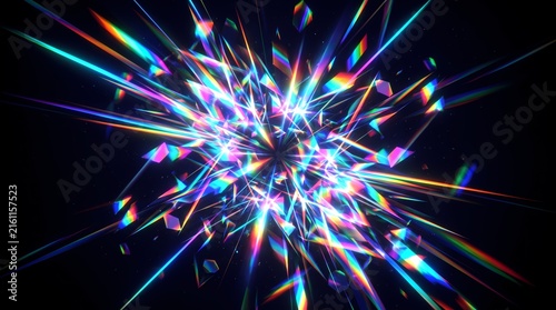 vibrant abstract composition featuring neon prismatic lens flares, rainbow light refractions, and glowing geometric shards bursting against a dark background.