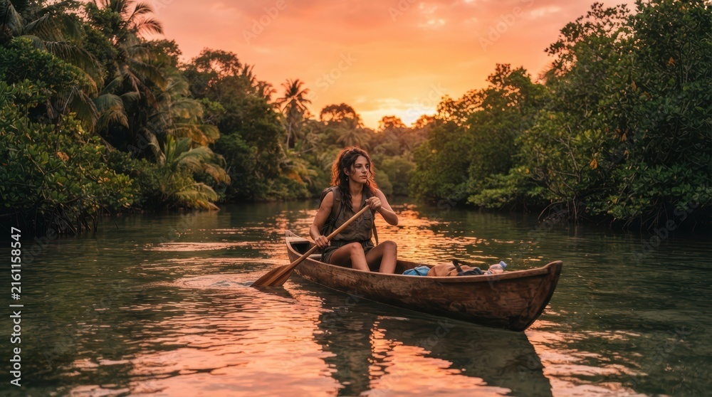 Fototapeta premium Woman paddling canoe through lush jungle river at sunset