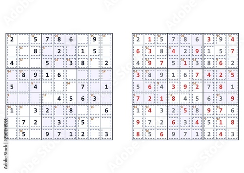 Obraz na płótnie Sudoku puzzle grids with filled and unfilled numbers for gameplay