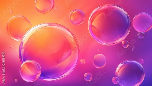 Colorful bubbles float against a vibrant gradient background, blending shades of pink, orange, and purple in a visually striking abstract composition.