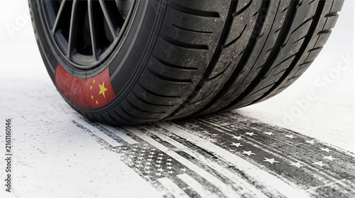 car tire with china flag wall leaving skid mark with usa and european union flags isolated on white background, chinese electric vehicle market expansion, automotive trade war and global dominance con