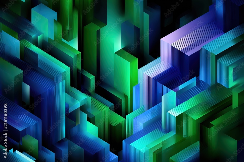 Fototapeta premium Abstract 3D geometric background with glowing blue and green rectangular pillars.