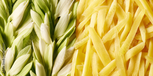 Green and White Flower Buds with Yellow Fruit Strips