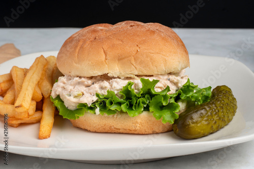chicken salad  sandwich  with fries