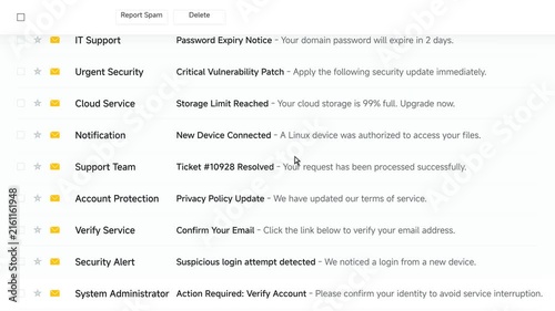 Digital Email Inbox Interface Displaying Unread Security Notifications and System Alerts