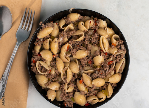pasta shells  with  hamburger ,peppers and onions,