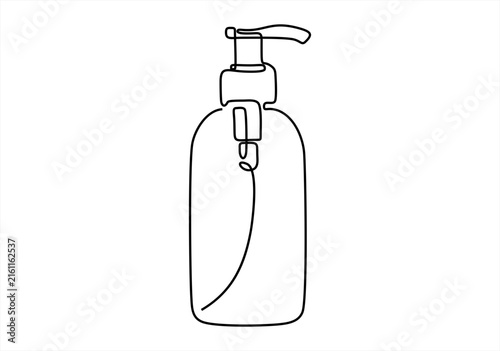 Single continuous line art of a dispenser bottle, liquid soap container, minimalist household item vector