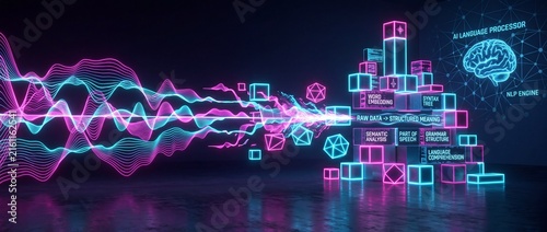 Natural language processing visualization shows raw data waves transforming into structured meaning blocks for ai language comprehension.