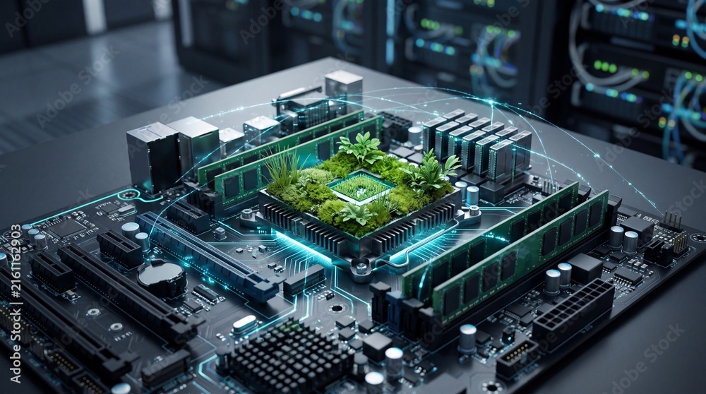 Fototapeta premium A detailed computer motherboard integrated with greenery symbolizes the fusion of technology and nature.