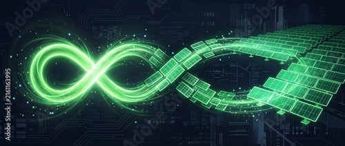 Infinite renewable energy concept with glowing green loop and solar panel array illustrating continuous power cycle for global sustainability
