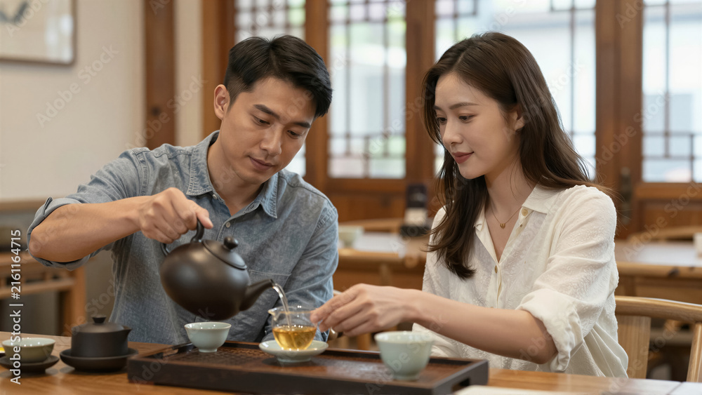 Fototapeta premium Asian couple enjoys a mindful tea ceremony, pouring hot beverage in a traditional tea house setting. This calm cultural experience promotes relaxation and connection