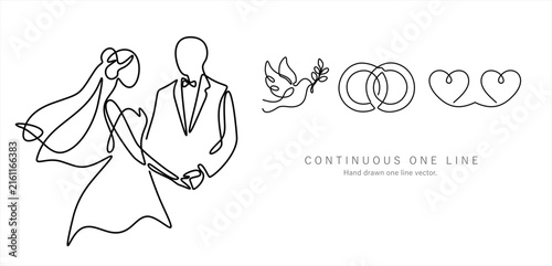 Single continuous line art of bride and groom with dove, wedding rings and two hearts, romantic wedding symbols, minimalist vector