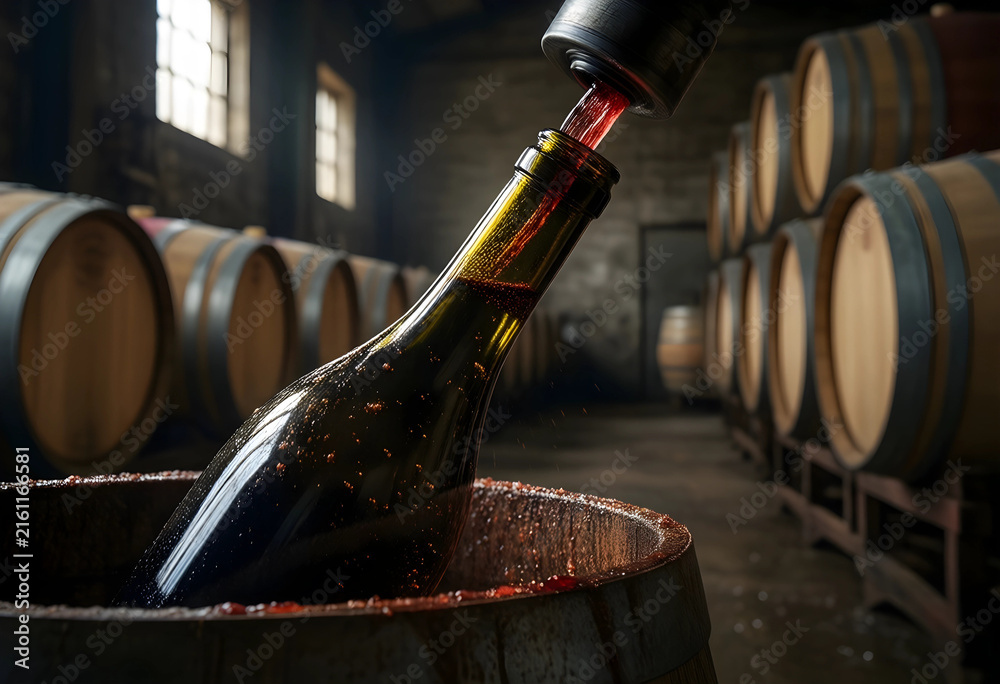 Naklejka premium Wine production and winemaking process, red wine pouring into a bottle in a traditional cellar with oak barrels