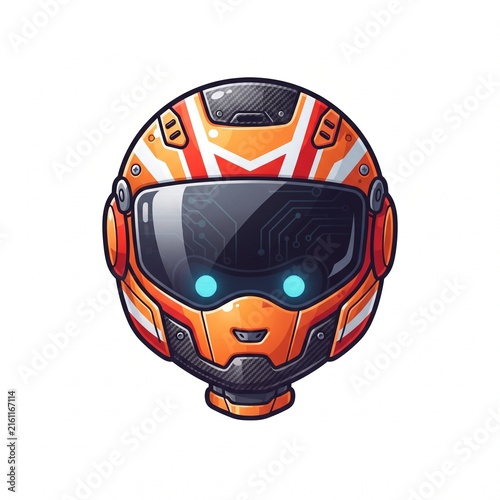 Futuristic Robot Head Wearing Racing Helmet Isolated on White Background