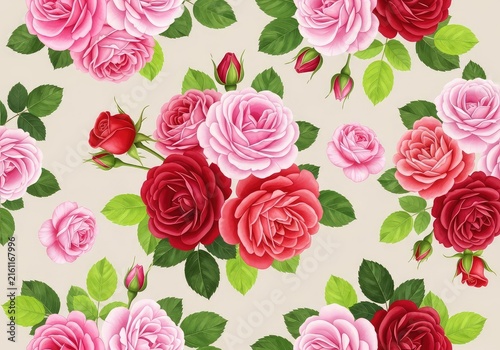 Elegant seamless floral pattern featuring delicate pink and red roses with lush green leaves and buds on a soft neutral background backdrop, graphic, soft, bouquet