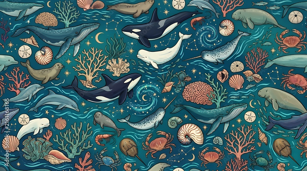 Repeating marine life featuring oceanic mammals calcium structures celestial shapes and aquatic invertebrate carapaces seamless pattern corals whales stars seashell natural abstract print graphics