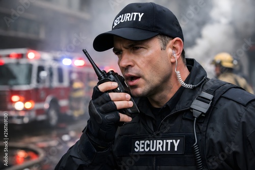 Security guard using radio with fire truck and smoke in background