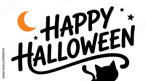Happy halloween hand lettered text with a black cat and crescent moon illustration
