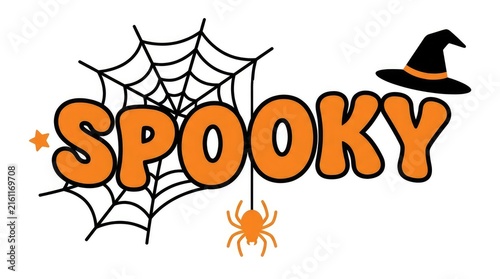 Colorful halloween illustration with spooky lettering a spiderweb and a witch hat