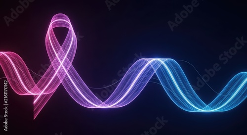 Vibrant digital ribbon in neon pink and blue glows on a deep dark background, representing oncology research, global awareness and health, luminous, fight, support