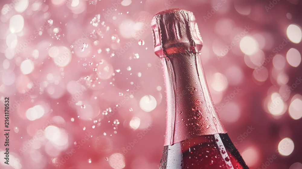 Fototapeta premium Pink Champagne Bottle with Bubbles on Sparkling Background