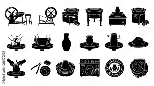 Pottery Wheel Ceramic Making Craft Studio Black Vector Collection 18