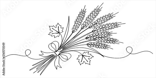 Bild auf Leinwand Black and white hand drawn sketch of a wheat sheaf bundle with autumn maple leav