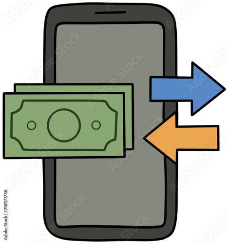 фотографія Smartphone with banknotes and bidirectional arrows mobile banking transfer vecto