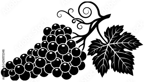 Detailed black and white grape cluster vector graphic featuring fresh berries green vine tendrils and serrated leaves