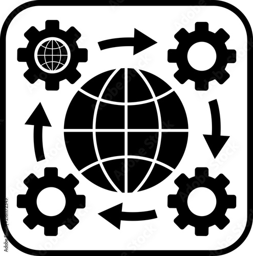Global business management icons of international workflow, globalization, world network and gear process symbols in black flat and line style vector, isolated on transparent background