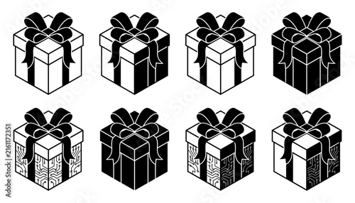 Isometric gift boxes icons set featuring technical circuit board textures with elegant ribbons for digital holiday presents