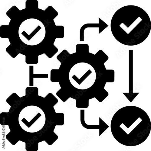 Business process management icons  of workflow, gears, automation, efficiency, optimization and successful operation symbols in black flat and line style, isolated on transparent background
