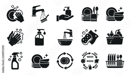 Household dishwashing icons collection representing kitchen cleaning plates hygiene tap water sponge liquid soap spray bottle and rack