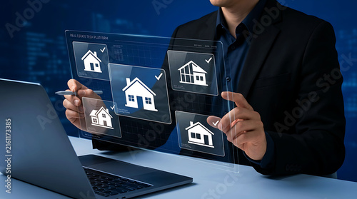 Realtor searching property options on digital real estate tech platform screen