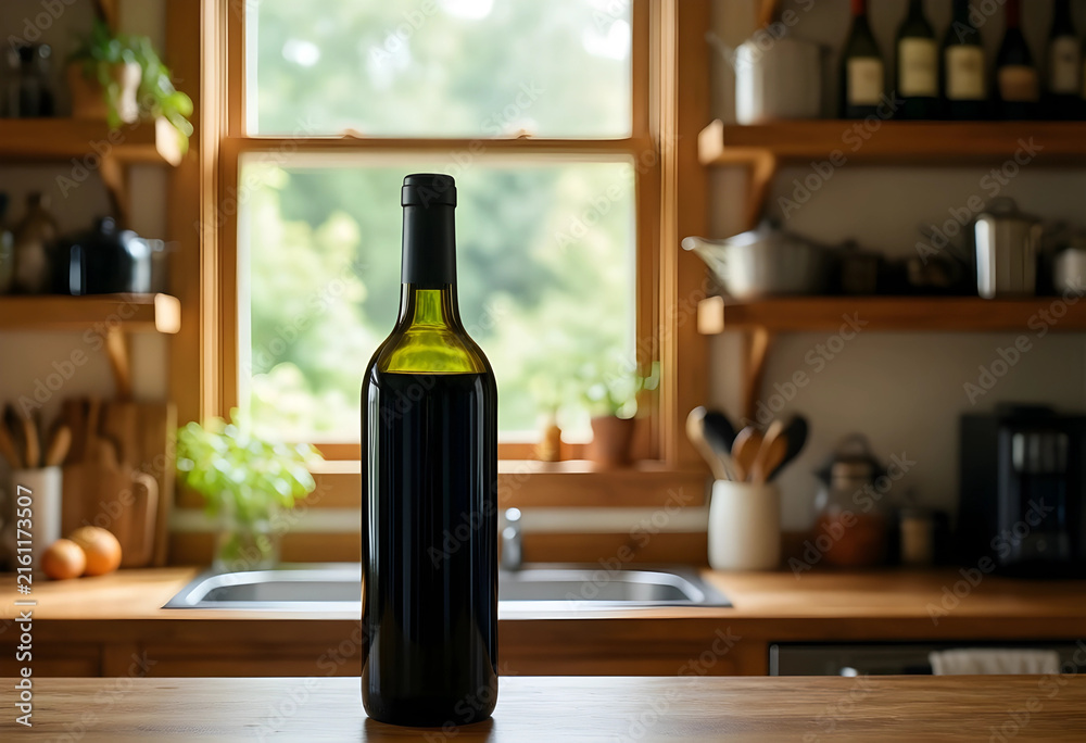 Naklejka premium Wine bottle on kitchen counter, home entertaining and culinary lifestyle, food and drink with copy space