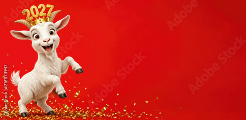 New Year's banner with cheerful white goat with crown and numbers 2027, jumping against a red background with gold confetti and copy space. Symbol of the New Year according to the Eastern calendar.