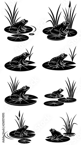 Frog silhouette icons on lily pads nature set.