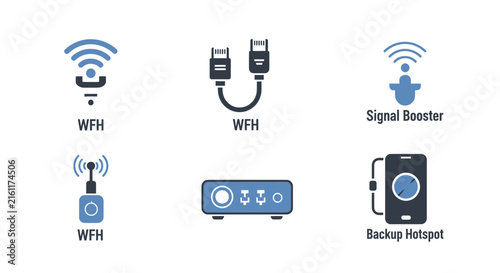 Work from home connectivity and networking hardware icon set.