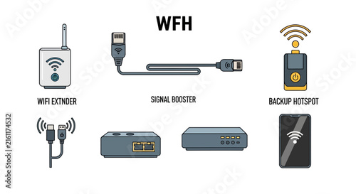Work from home networking equipment icons with signal booster and wifi extender.